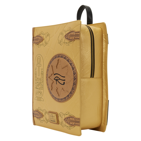 Beige leather bag with embossed designs and a zipper on a white background