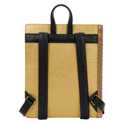 Beige backpack with black straps on a white background