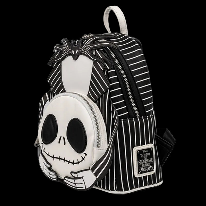 Backpack with a skeleton design and striped pattern on a white background