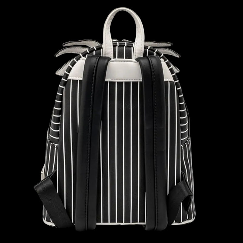 Black and white striped backpack with a white top section on a white background