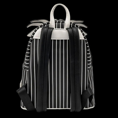 Black and white striped backpack with a white top section on a white background
