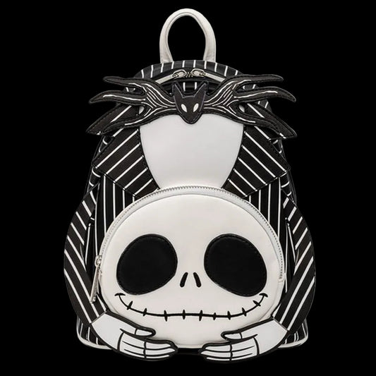 Black and white backpack with a cartoonish skull design on a white background