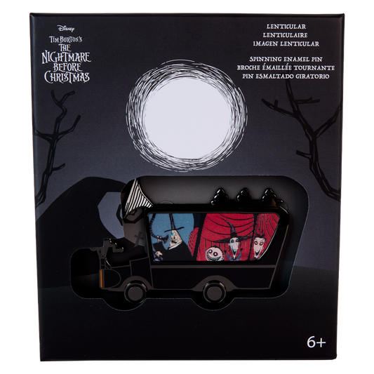 Lenticular pin packaging featuring characters from 'The Nightmare Before Christmas' with a dark background.