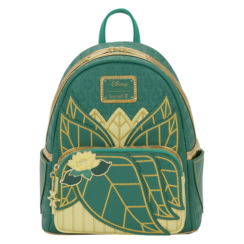 Green and gold backpack with decorative patterns on a white background