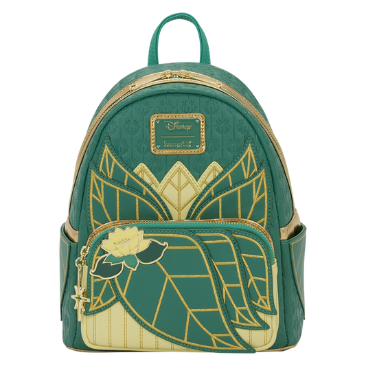 Green and gold backpack with decorative patterns on a white background