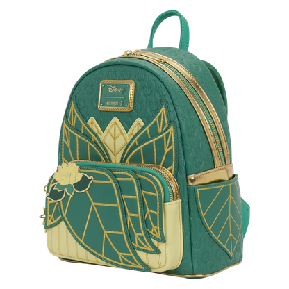 Green backpack with gold accents on a white background