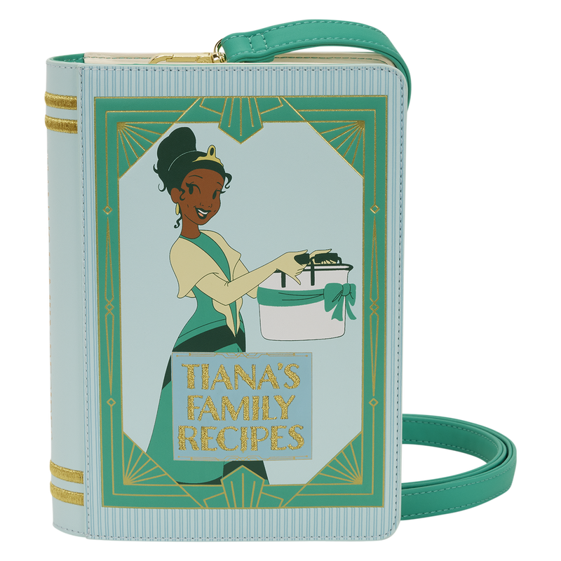 Book-shaped bag with Tiana design and 'Tiana's Family Recipes' text on a white background