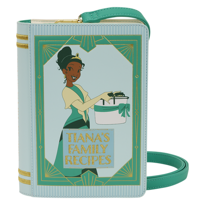 Book-shaped bag with Tiana design and 'Tiana's Family Recipes' text on a white background