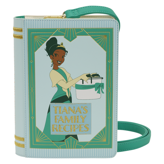 Book-shaped bag with Tiana design and 'Tiana's Family Recipes' text on a white background