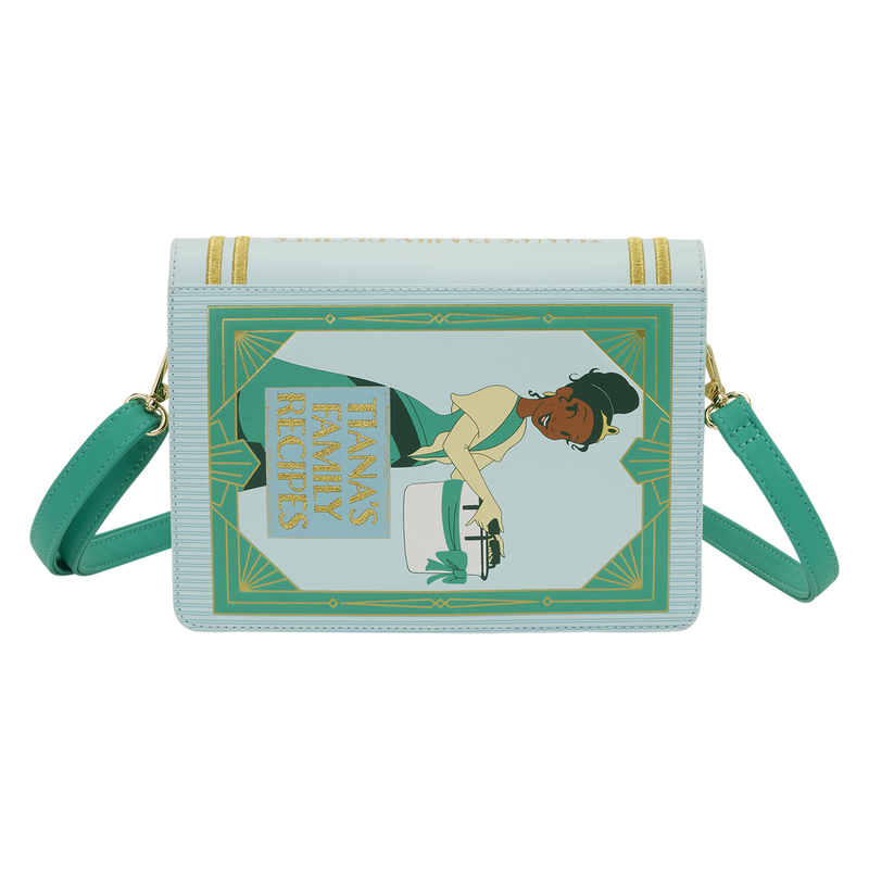 Crossbody bag with Tiana design on a light blue background