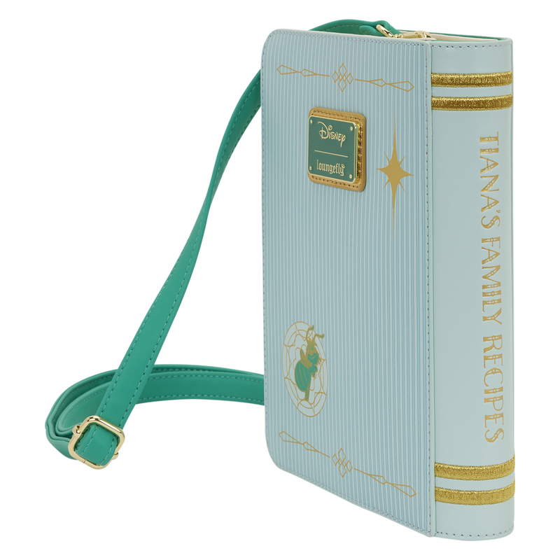 Book-shaped handbag with 'Tiana's Family Recipes' text and Disney logo on a white background