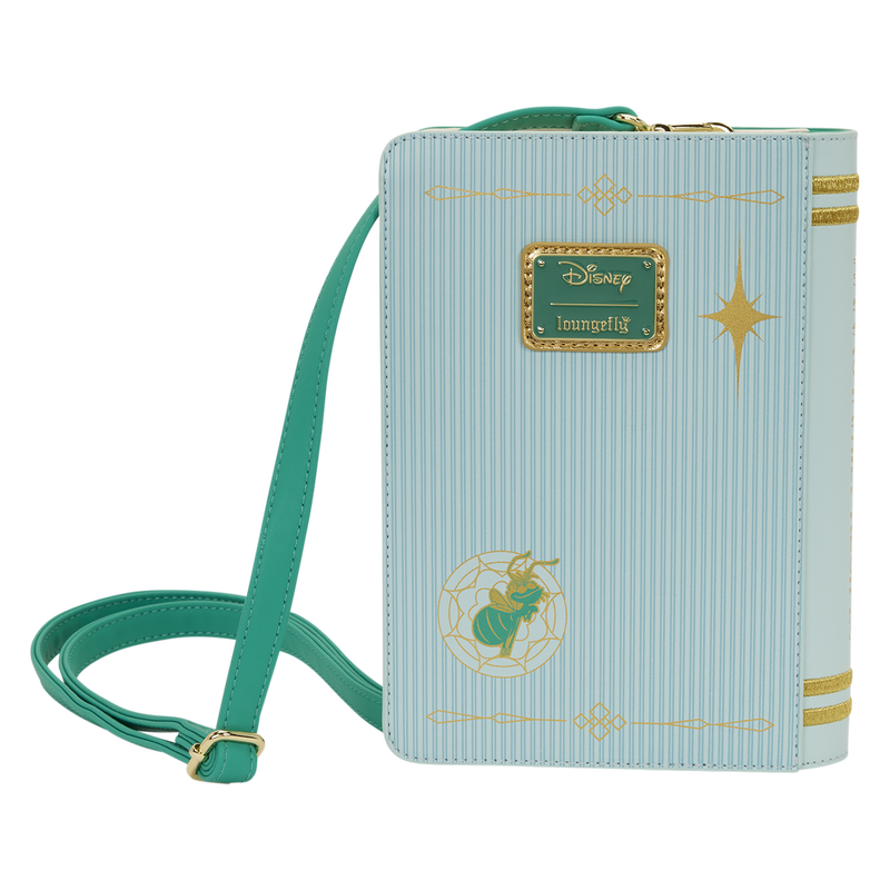 Light blue crossbody bag with gold accents and Disney logo on a white background