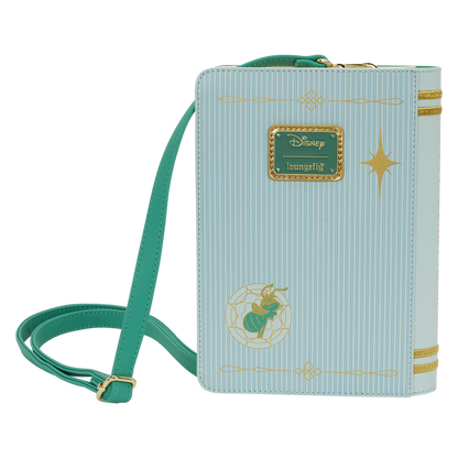 Light blue crossbody bag with gold accents and Disney logo on a white background