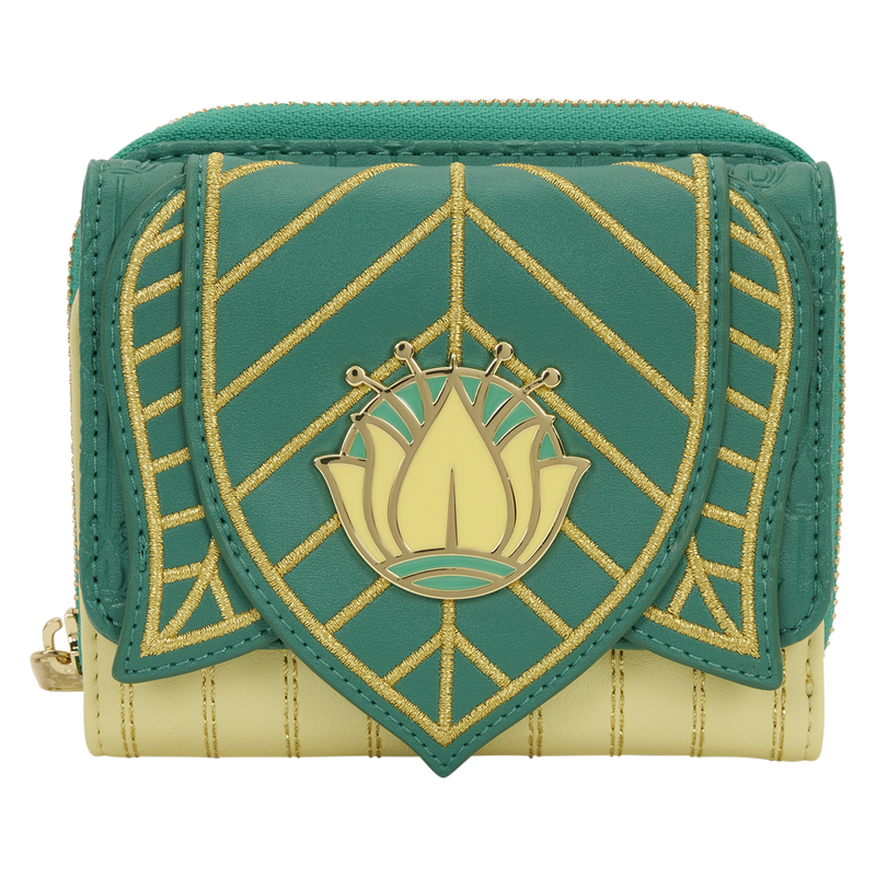 Green and gold wallet with a decorative emblem on a white background