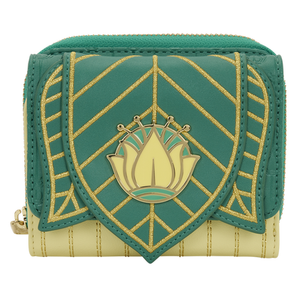 Green and gold wallet with a decorative emblem on a white background