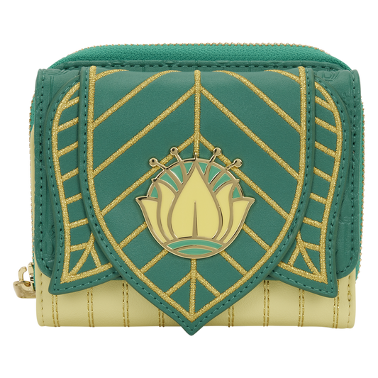 Green and gold wallet with a decorative emblem on a white background