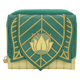 Green and gold wallet with a decorative emblem on a white background
