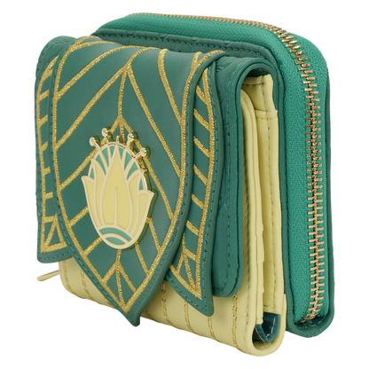 Green and beige wallet with decorative emblem on a white background