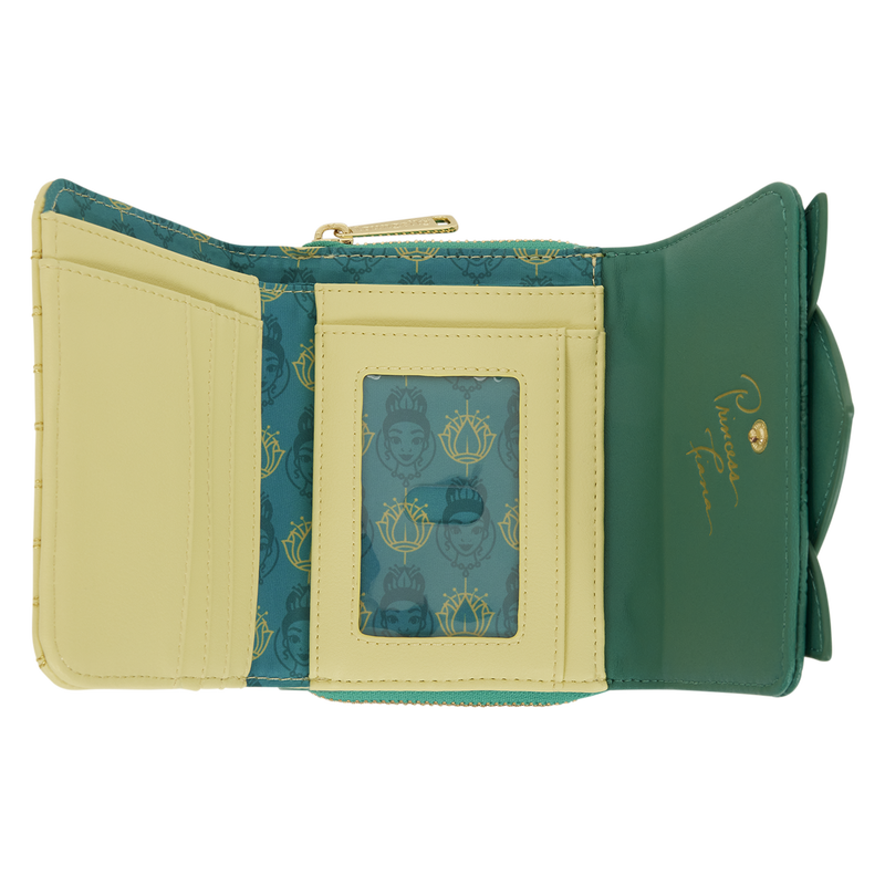 Green and beige wallet with a decorative interior panel on a white background