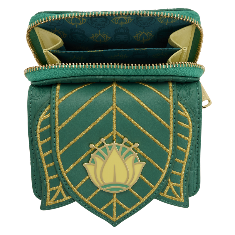 Green pouch with gold embroidery on a white background