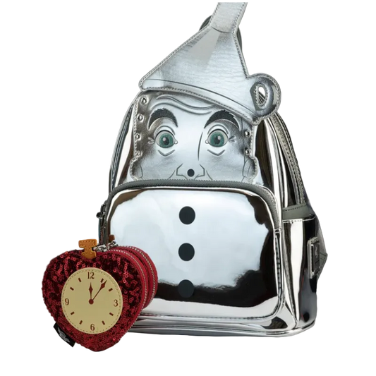 Metallic tin man backpack with a heart-shaped clock attached on a black background