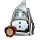 Metallic tin man backpack with a heart-shaped clock attached on a black background
