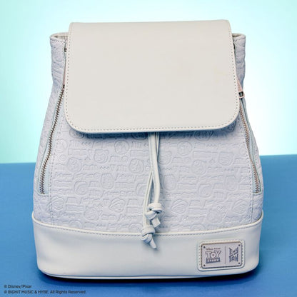 Light gray textured backpack with a drawstring on a blue background