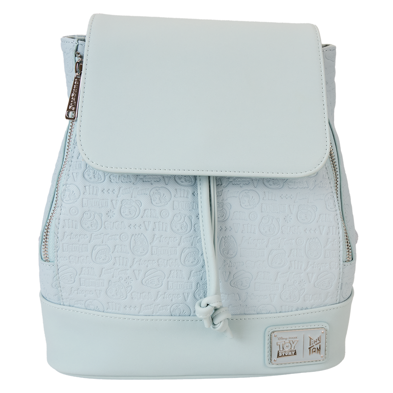 Light blue backpack with textured pattern on a white background