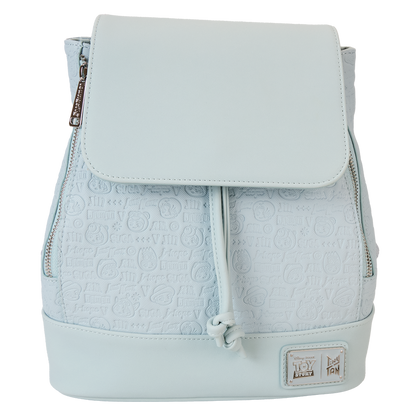 Light blue backpack with textured pattern on a white background