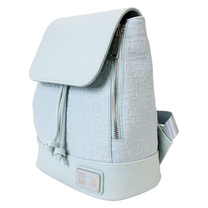 Light blue backpack with a textured pattern on a white background