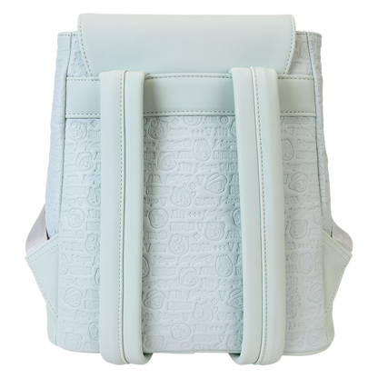 Light blue backpack with a subtle pattern on a white background