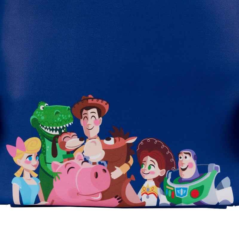 Cartoon characters from Toy Story on a blue background