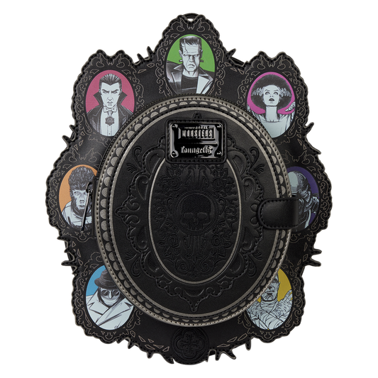 Decorative black leather-bound book with character illustrations on a white background