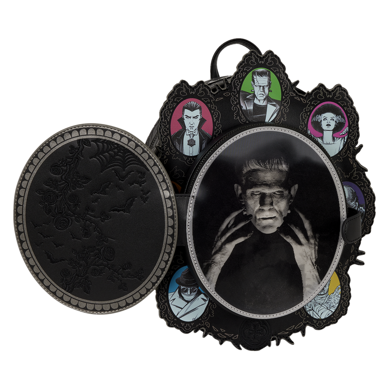 Decorative item with images of a monster and other characters in ornate frames on a white background