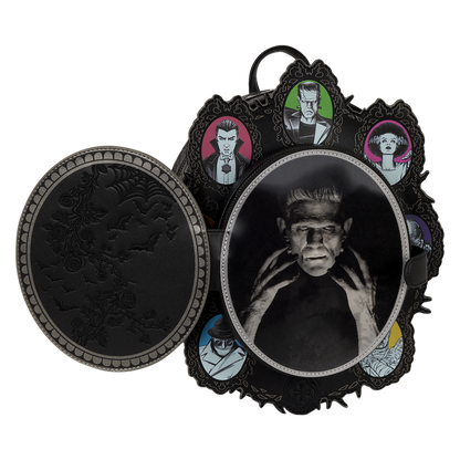 Decorative item with images of a monster and other characters in ornate frames on a white background