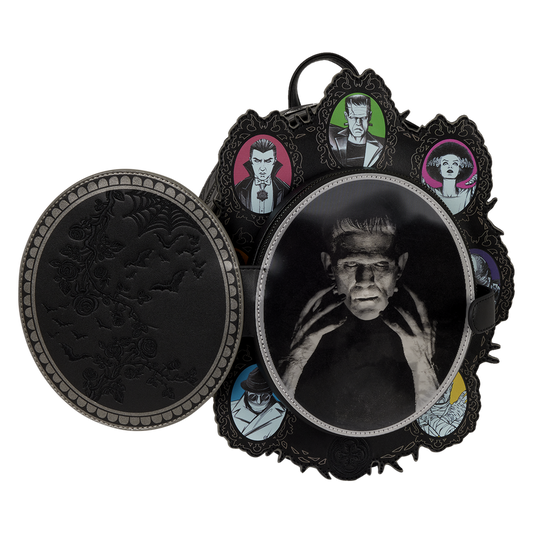 Decorative item with images of a monster and other characters in ornate frames on a white background