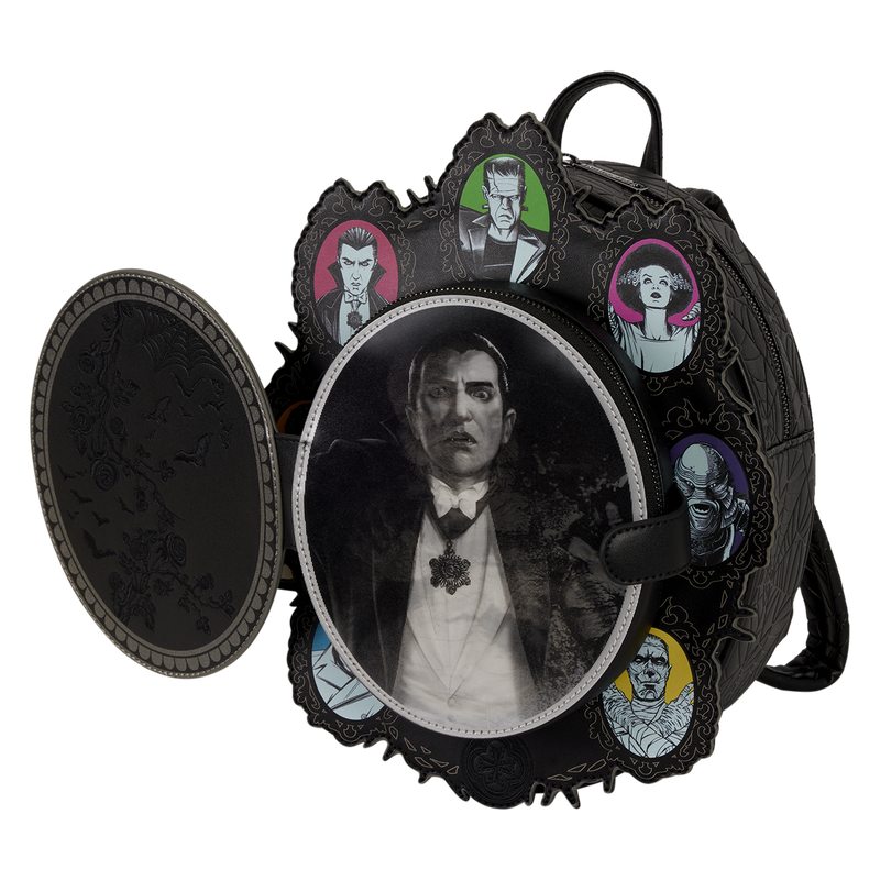 Backpack with gothic design featuring portraits of a man and woman on a white background