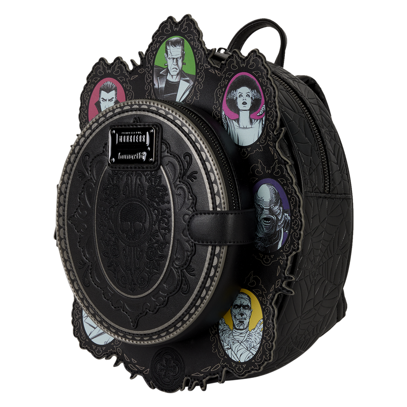 Black round backpack with gothic design and character portraits on a white background