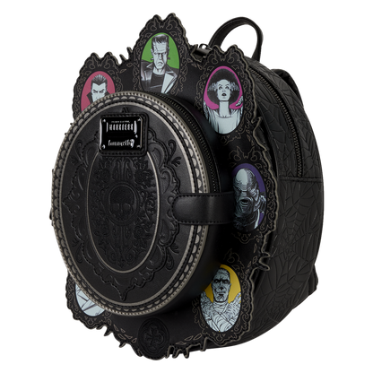 Black round backpack with gothic design and character portraits on a white background