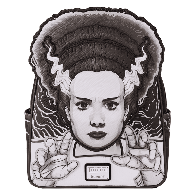 Backpack with a black and white illustration of a character with intricate hair design on a white background