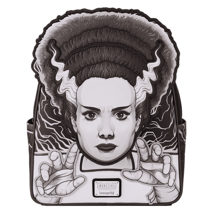 Backpack with a black and white illustration of a character with intricate hair design on a white background
