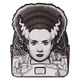 Backpack with a black and white illustration of a character with intricate hair design on a white background