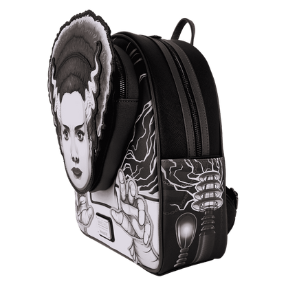 Backpack with black and white design featuring a face and abstract patterns on a white background