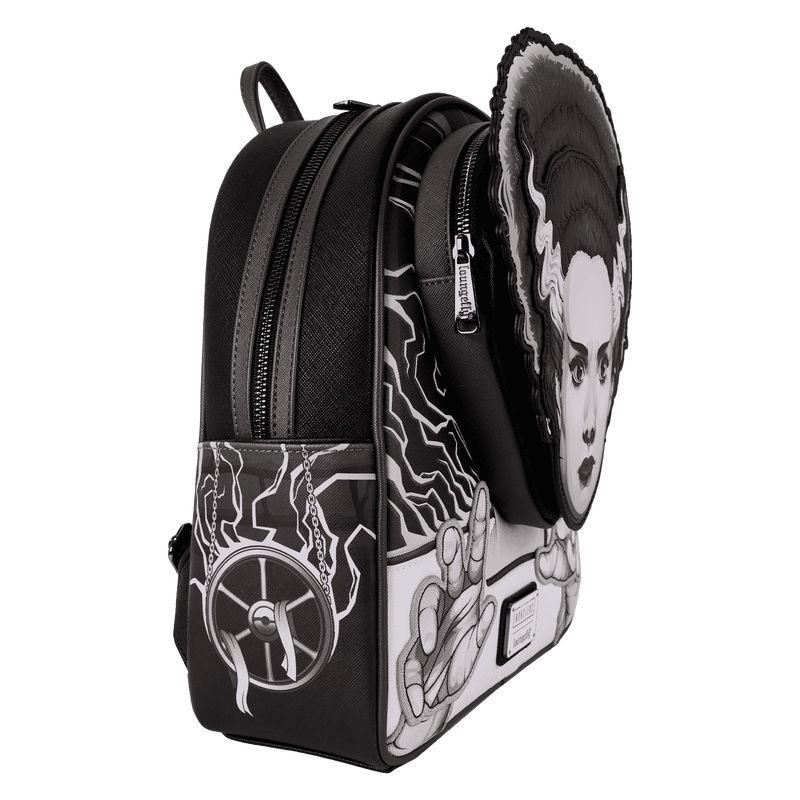 Black and white backpack with artistic designs on a white background