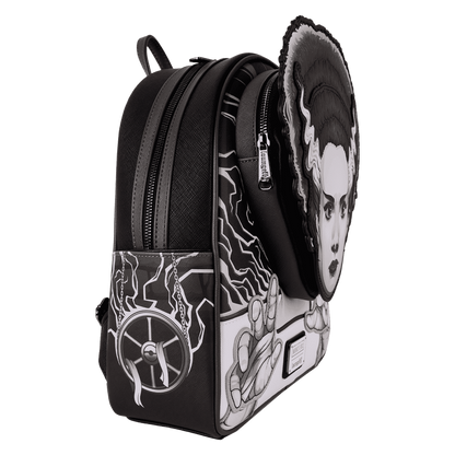 Black and white backpack with artistic designs on a white background