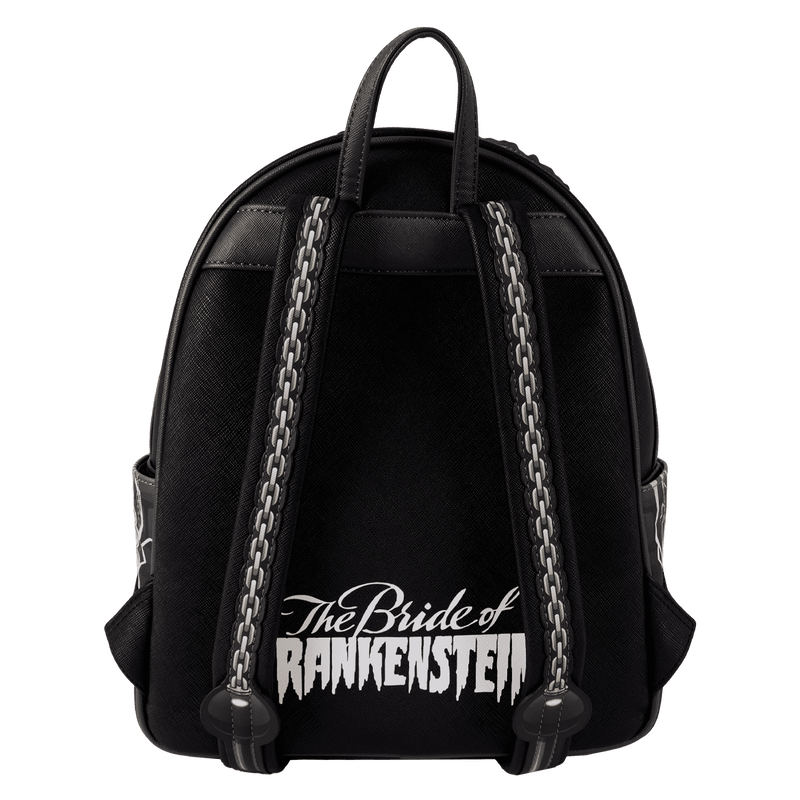 Black backpack with 'The Bride of Frankenstein' text on a white background