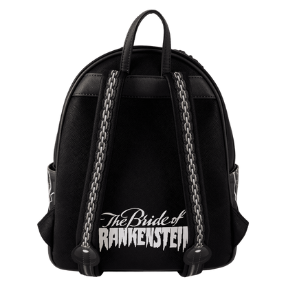 Black backpack with 'The Bride of Frankenstein' text on a white background