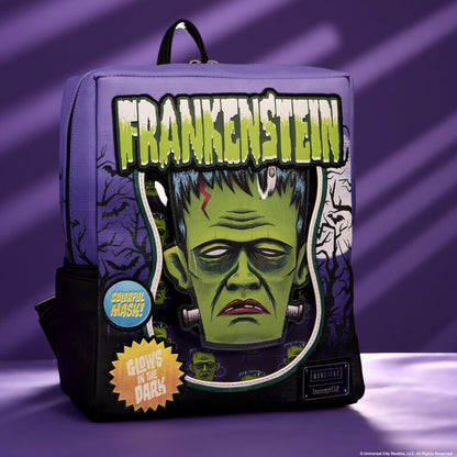 Backpack with Frankenstein design on a purple background