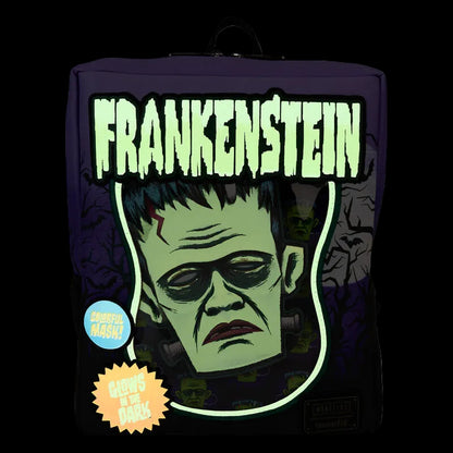 Backpack with Frankenstein design and glowing text on a white background