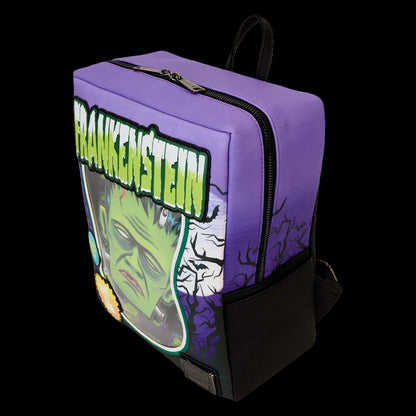 Purple backpack with Frankenstein design on a white background